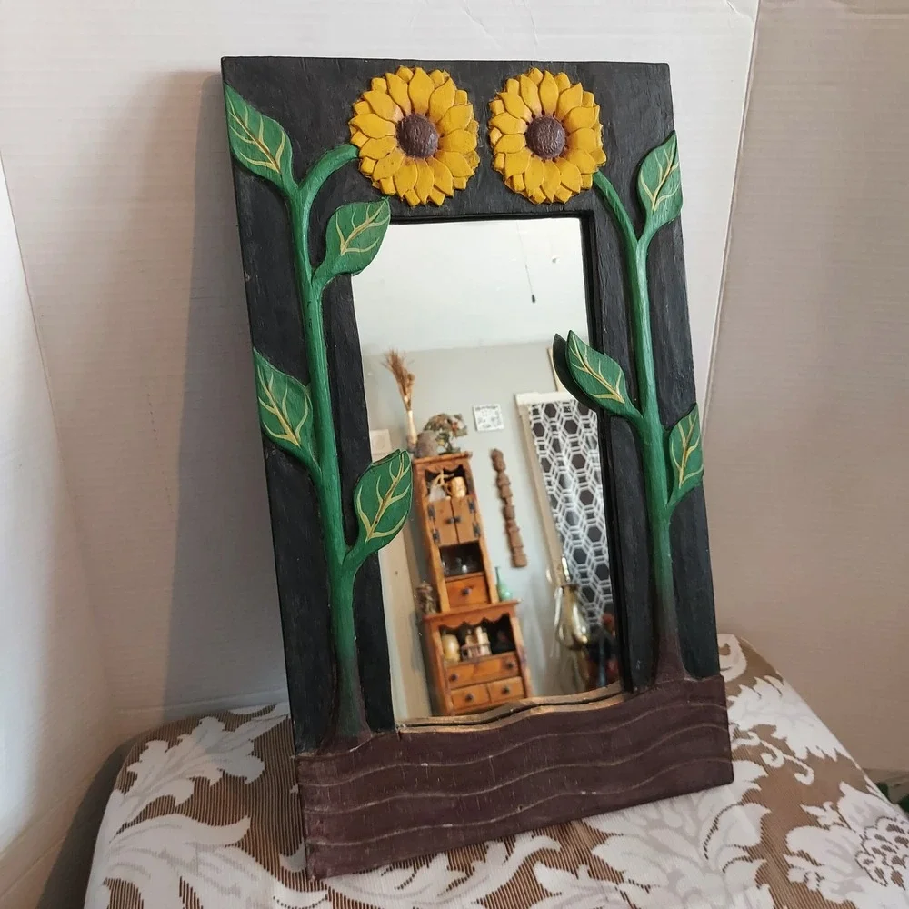Hand Carved Wood Sunflower Wall Mirror Rustic Folk Art Floral Decor 19.5x11.5